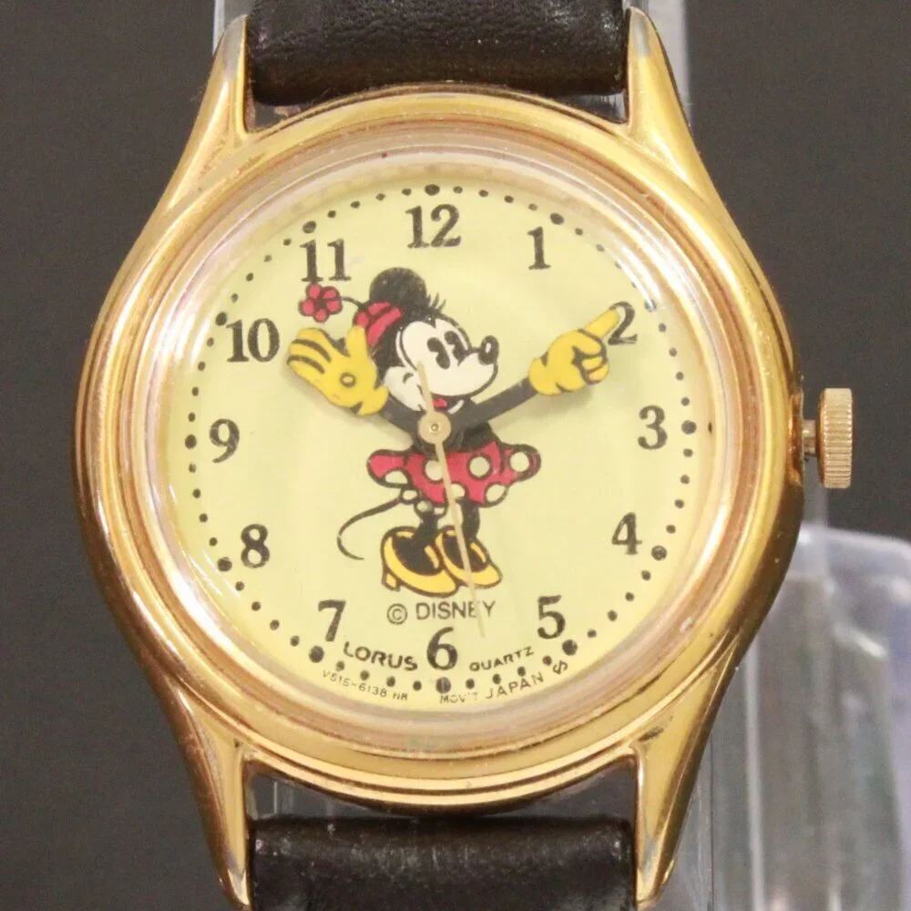 Lorus Ladies Mini Mouse Watch Gold Tone Case New Brown Leather Strap And Battery